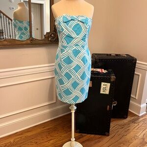 David Meister Blue and White Vintage Geometric Strapless Lined Dress - Sz 8